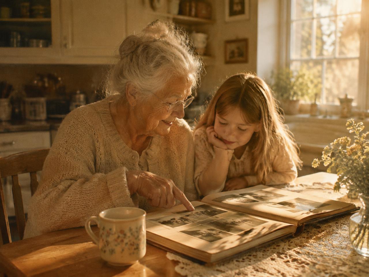 A grandmother showing a photo album to her granddaughter